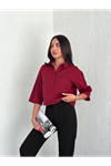 Crop Yakalı Gömlek Üç Çeyrek Sleeve Kol - Bordo
