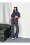Osy Modal Yumuşak Dokulu Kumaş Bisiklet Yaka T-shirt Bol Paça Pantalon Ikili Takım -Antrasit