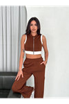 Osy Modal Yumuşak Dokulu Kumaş Tam Fermuarlı Crop Pantalon İkili Takım - Kahverengi