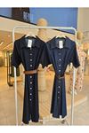 Kısa Kol Düğmeli Denim Elbise - Mavi