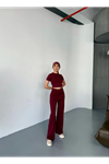 Osy Modal Yumuşak Dokulu Kumaş Kısa Kollu Crop Rahat Pantalon Ikili Takım - Bordo