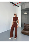 Osy Modal Yumuşak Dokulu Kumaş Kısa Kollu Crop Rahat Pantalon Ikili Takım - Kahverengi