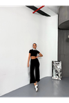 Osy Modal Yumuşak Dokulu Kumaş Kısa Kollu Crop Alt Ispanyol Paça Pantalon Ikili Takım - Siyah