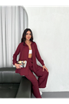Yakalı Düğmeli Uzun Kollu Gömlek Pantolon Ikili Takım - Bordo